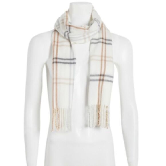 Steve Madden Plaid Ivory Fringe Muffler Scarf NWT - Picture 2 of 5